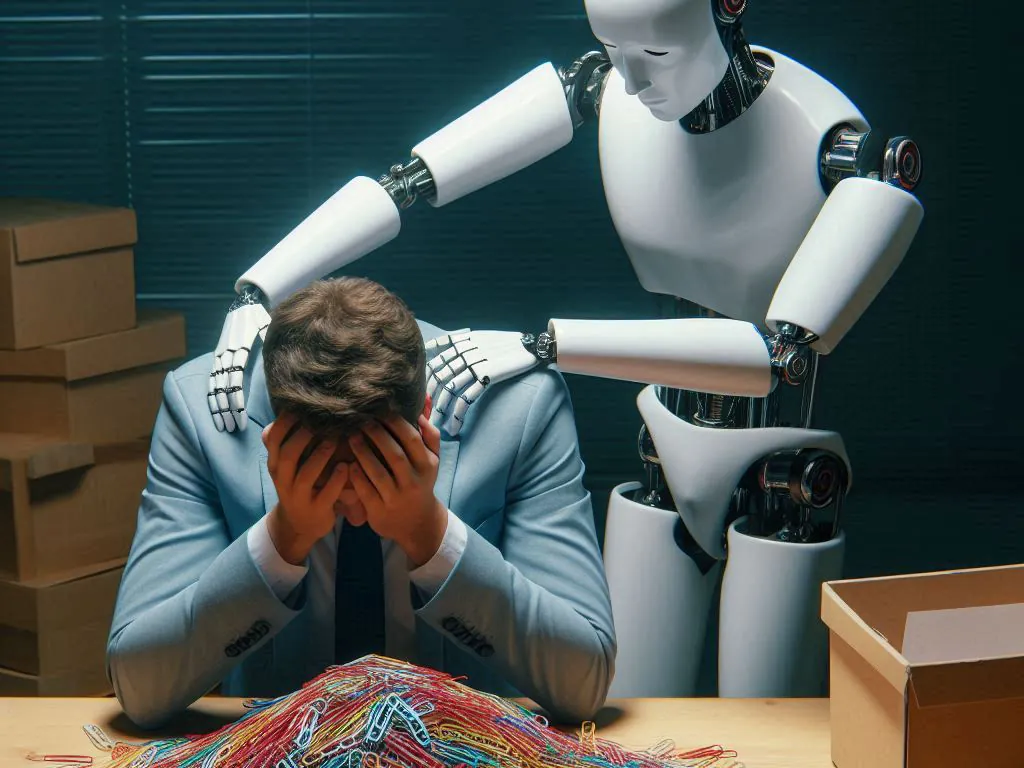 Erschöpfter Mitarbeiter, der Büroklammern nach Farbe sortiert und dabei Unterstützung von einem Roboter bekommt.